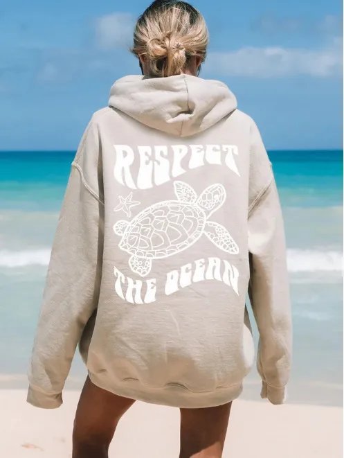 Comfortable Suede Hoodie Turtle And Starfish Pattern Sweater Apricot - Shop at LoveMi