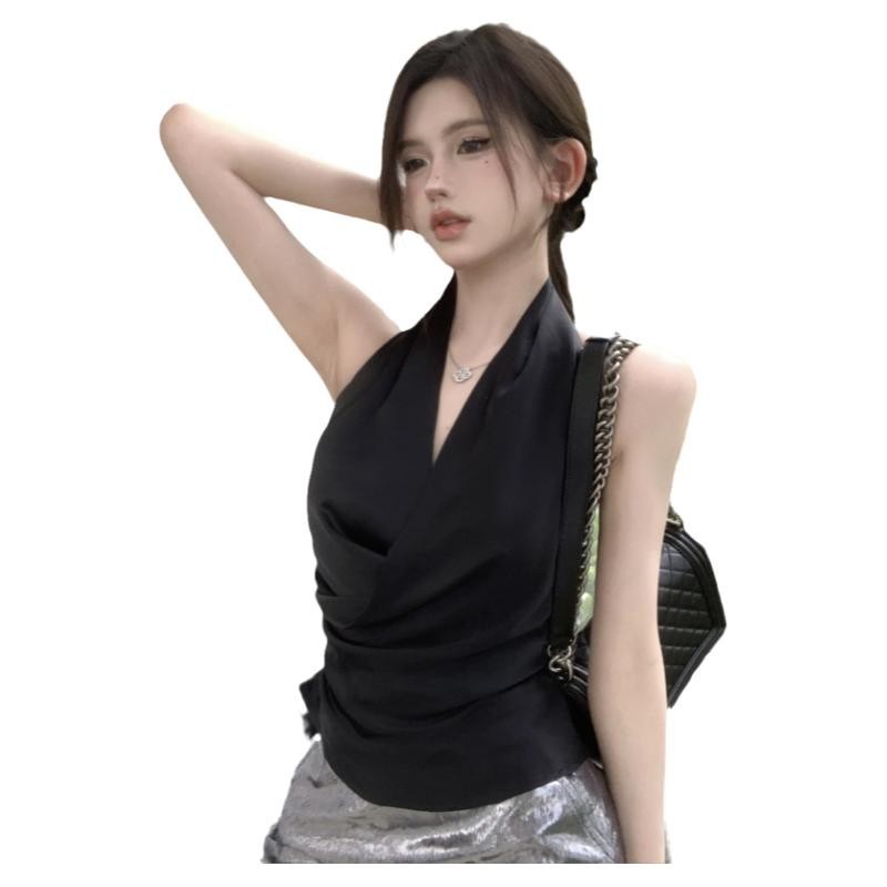 Womens Solid Color Minimalism Backless Satin Sleeveless Top