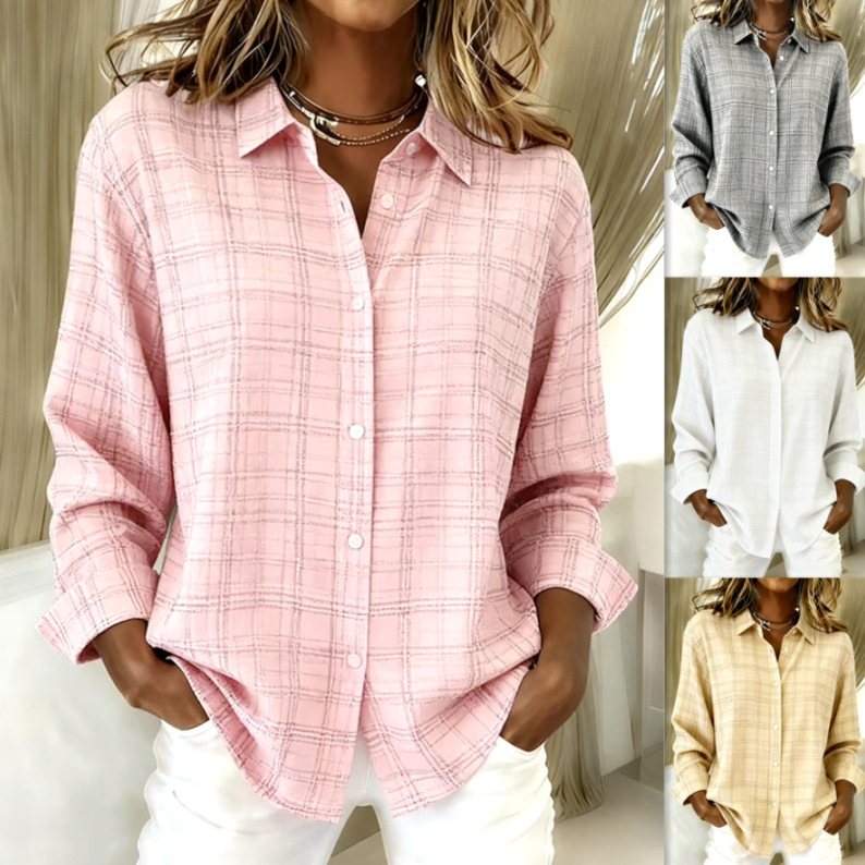 Womens Lapel Plaid Button-up Blouse