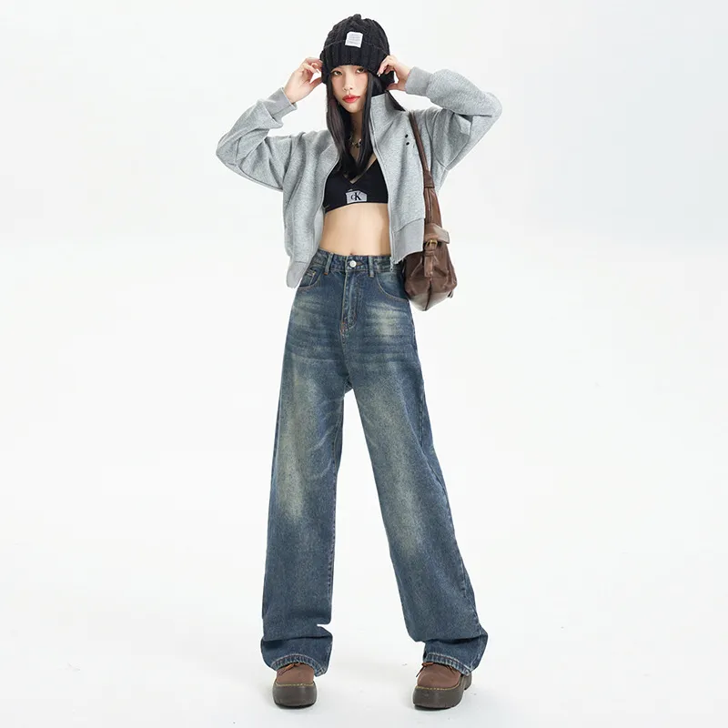 American Style Nostalgic Blue Wide Leg Jeans For Women - Retro Blue Lengthened