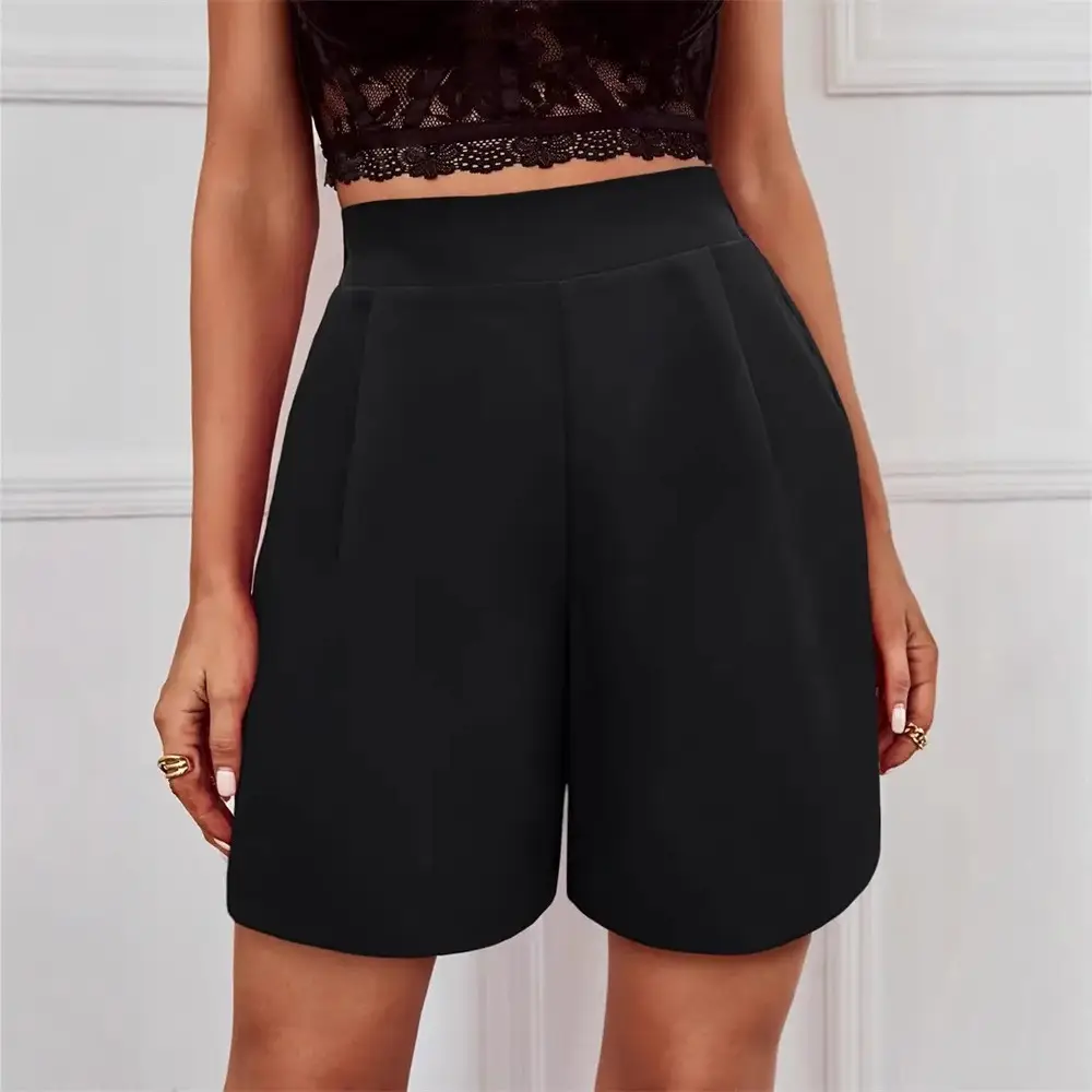 Casual Flared Loose Woven Suit Shorts Black