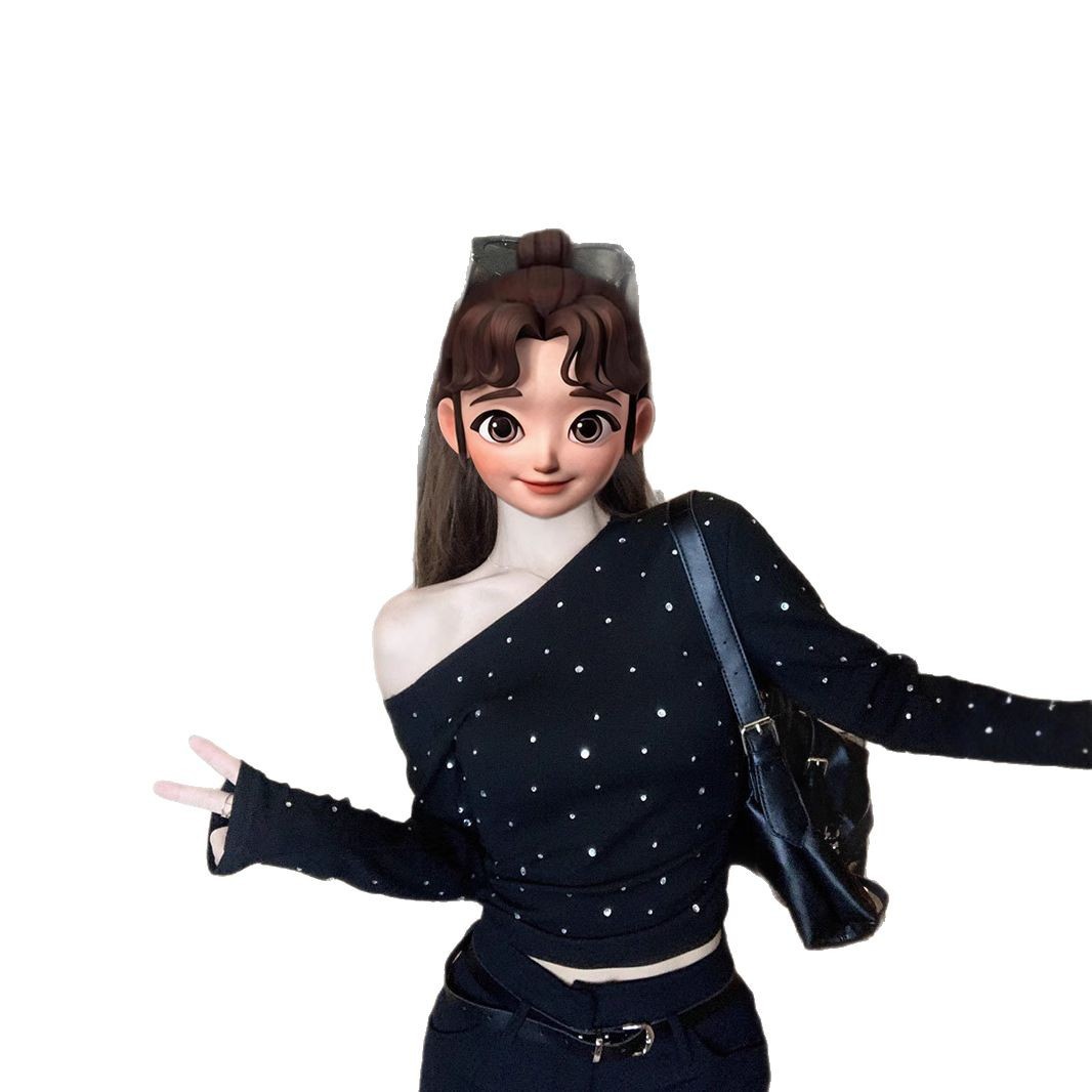 Asymmetric Rhinestone Design Long-sleeved T-shirt