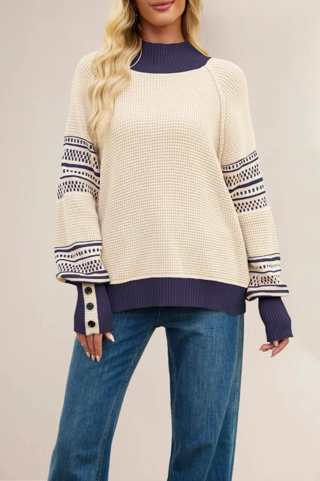 Fashionable Knitted Color Block Mock Neck Pullover Sweater Apricot - Shop at LoveMi