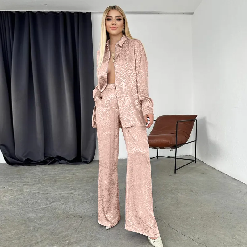 European And American Suit Women's Long-sleeved Lapel Shirt Leopard Print Trousers Fashion Casual Two-piece Suit - Khaki