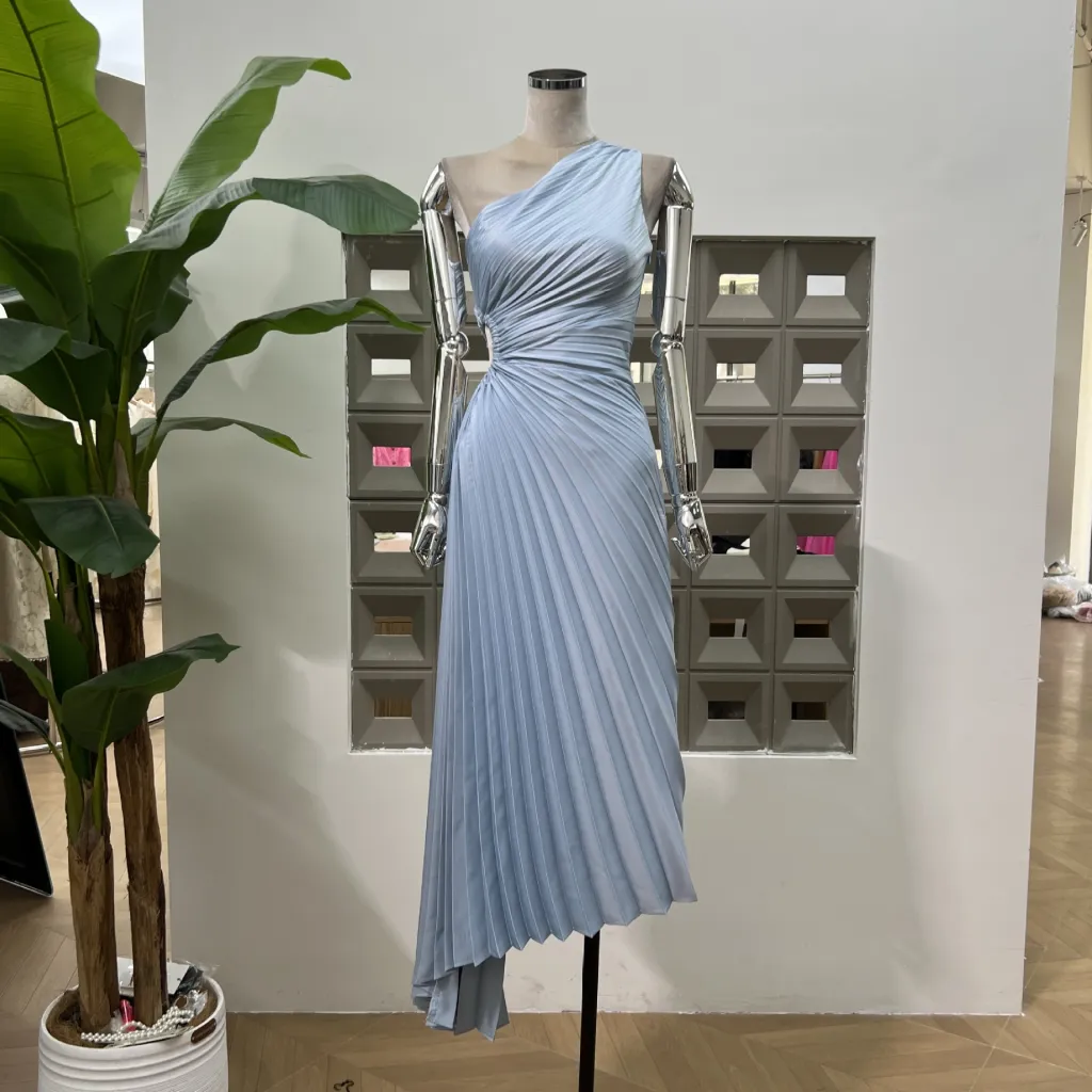One-shoulder Pleated Hollowed-out Midriff Outfit Irregular Skirt For Women Dress - Light Blue