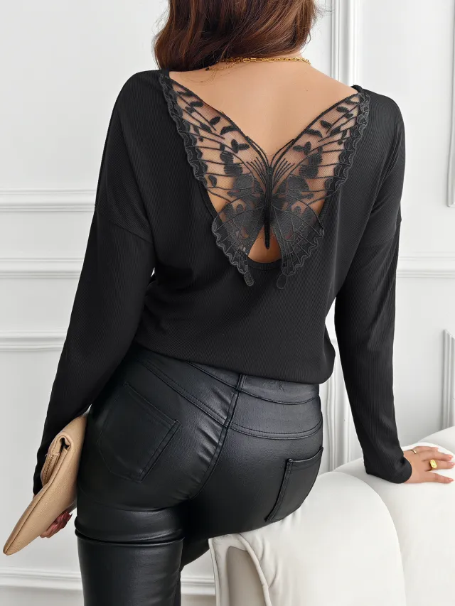 Women's Solid Color Back Stitching Pansy Rib Long sleeved T shirt Black - Shop at LoveMi