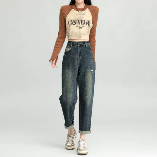 Water Washed Hole Harem Jeans Women Blue - Shop at LoveMi