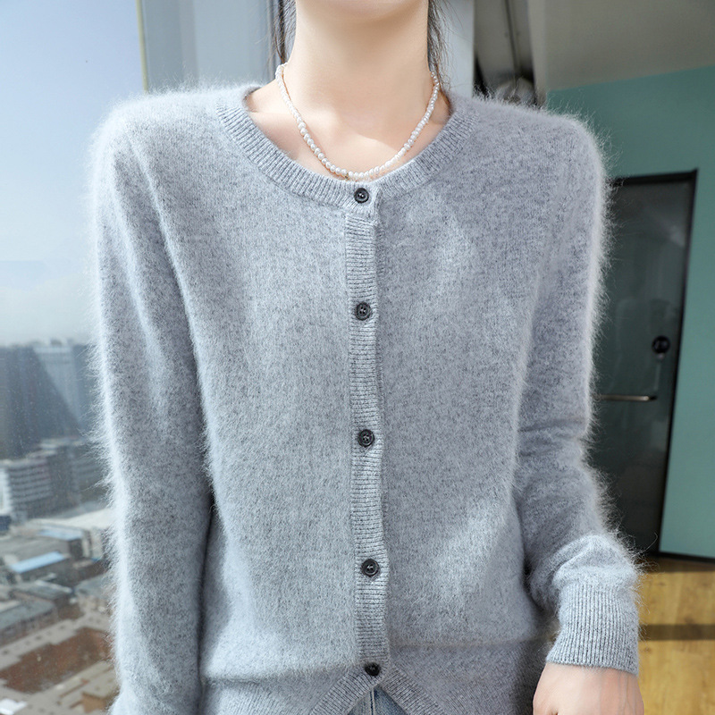 Womens Loose Button-up Solid-color Cropped Sweater With A Crew Neck