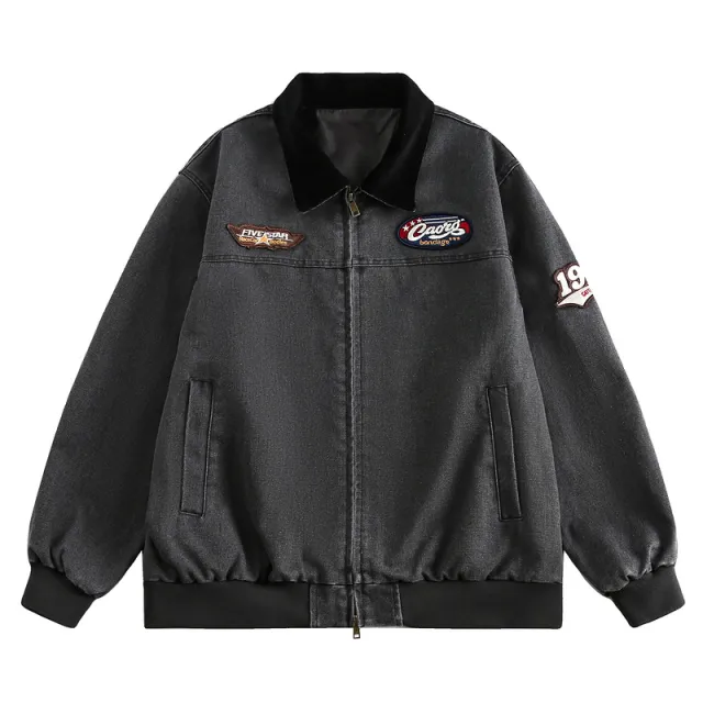 Lapel Embroidery Washed Denim Baseball Uniform Couple Jacket Dark Gray - Shop at LoveMi