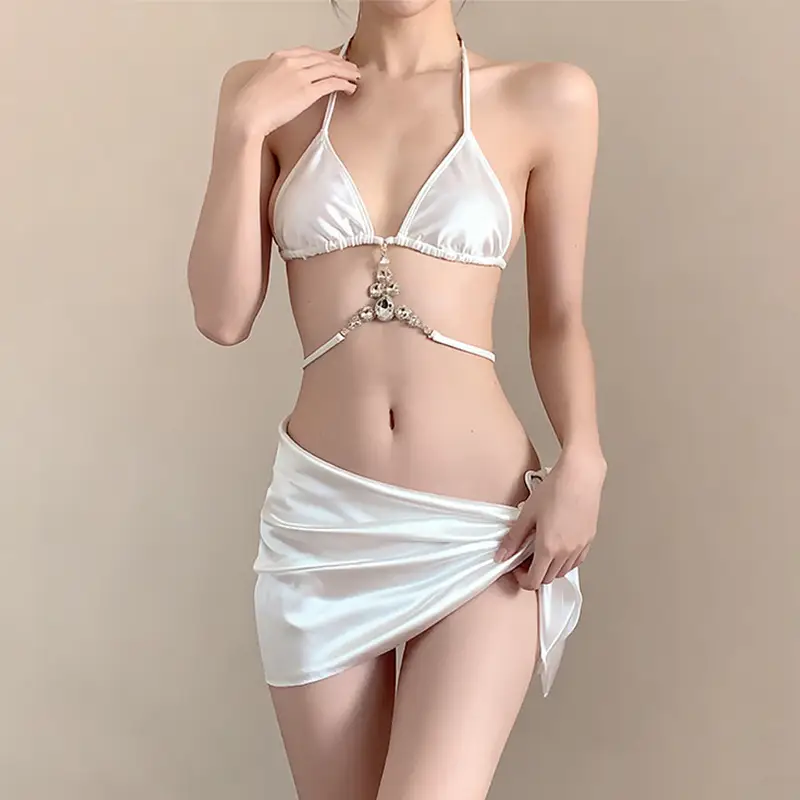 Strappy Midriff-Baring Slimming Wrap Skirt Three-Piece Bikini Set