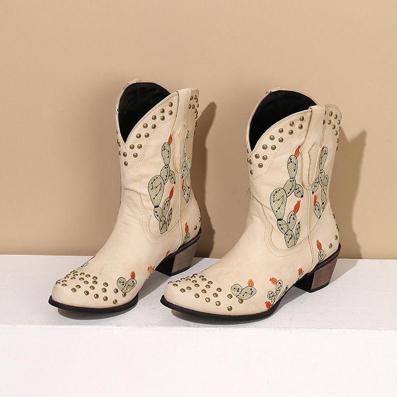 Retro Pointed-toe Western Cowboy Boots With Embroidery