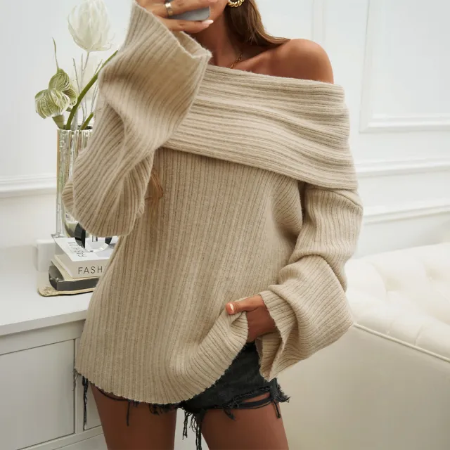 Loose Temperament Solid Color Pullover Long Sleeve Sweater Beige - Shop at LoveMi