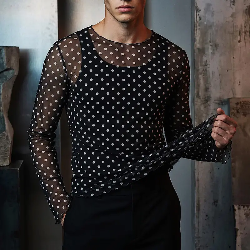Wave-pattern Sheer Round-neck Fashionable Long-sleeve T-shirt