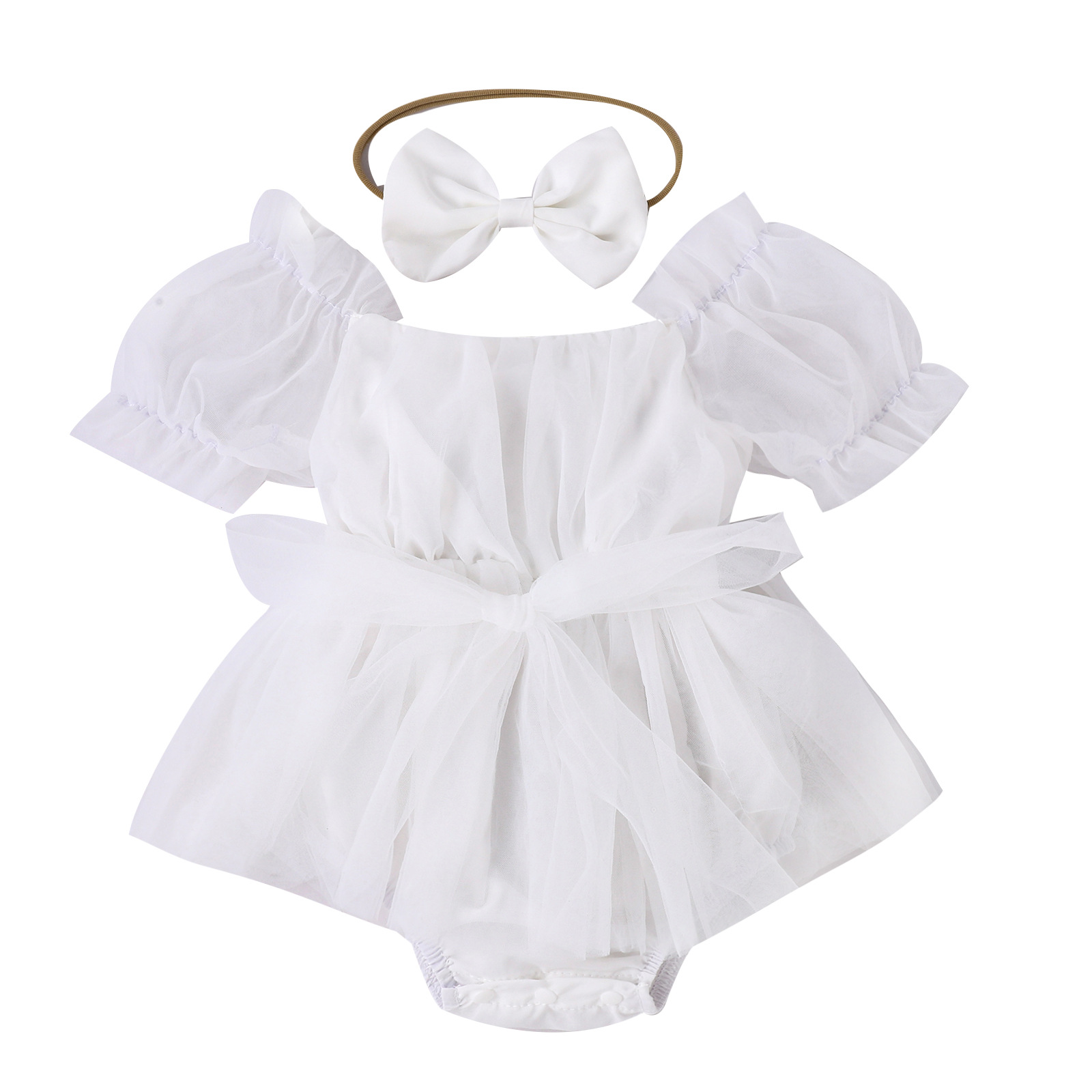 Title 10, Baby Girl Solid Color Puff Sleeve Net Skirt Hea...