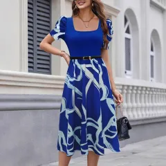 Commuting Knit Printed Stretch Square Neck Slim Short Sleeve Puff Sleeve Dress - Blue - View 1