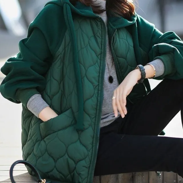 Hooded Stitching Down Thick Coat Cotton padded Jacket Dark Green - Shop at LoveMi