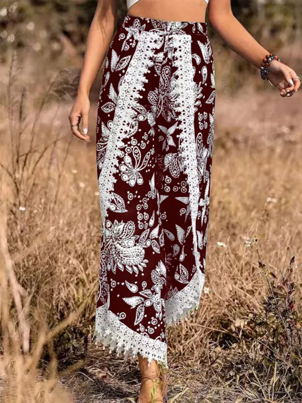 Loose Printed Fashionable Casual Lace Trousers For Women Brick Red - Shop at LoveMi