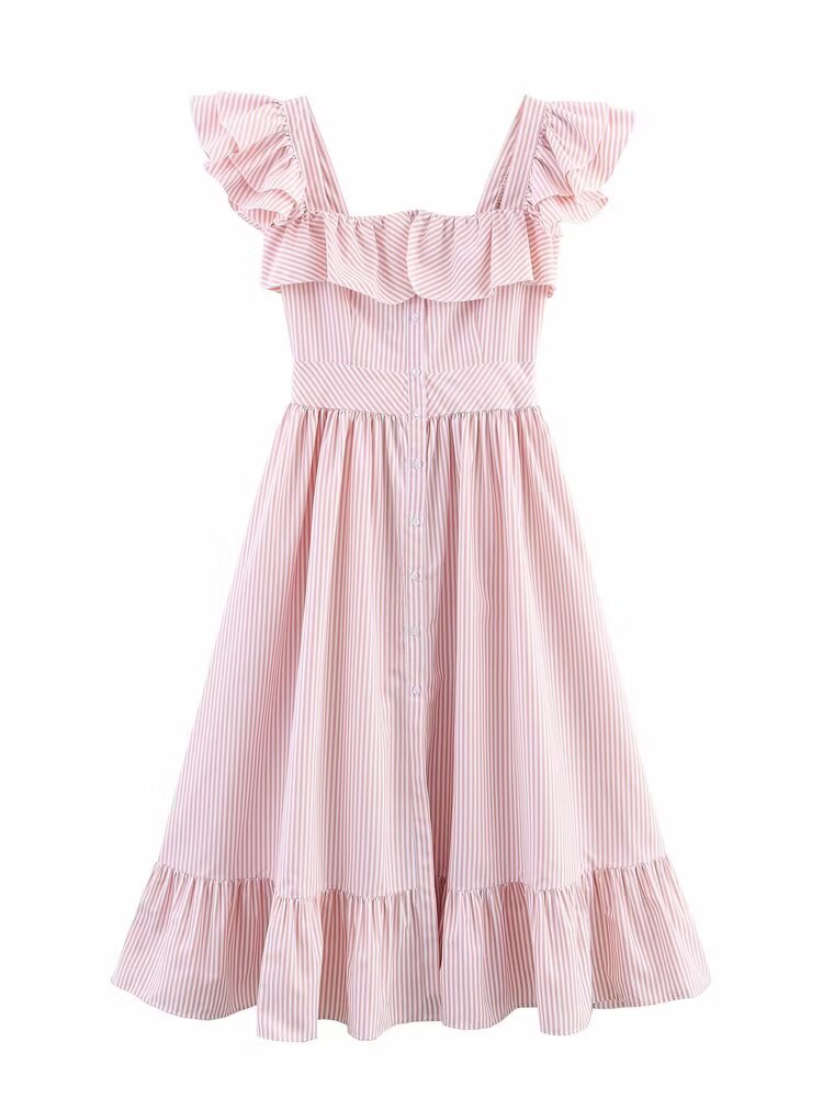 Women's Three-color Single-breasted Striped Ruffled Waist Dress