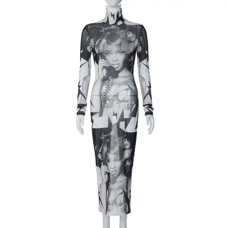 Printed Mesh Long Sleeve Stand-up Collar Slim Fit Dress For Women