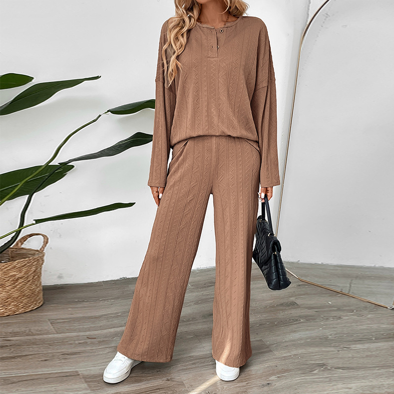 Casual Buckle Texture Fabric Solid Color Wide-leg Pants Suit - Image 5