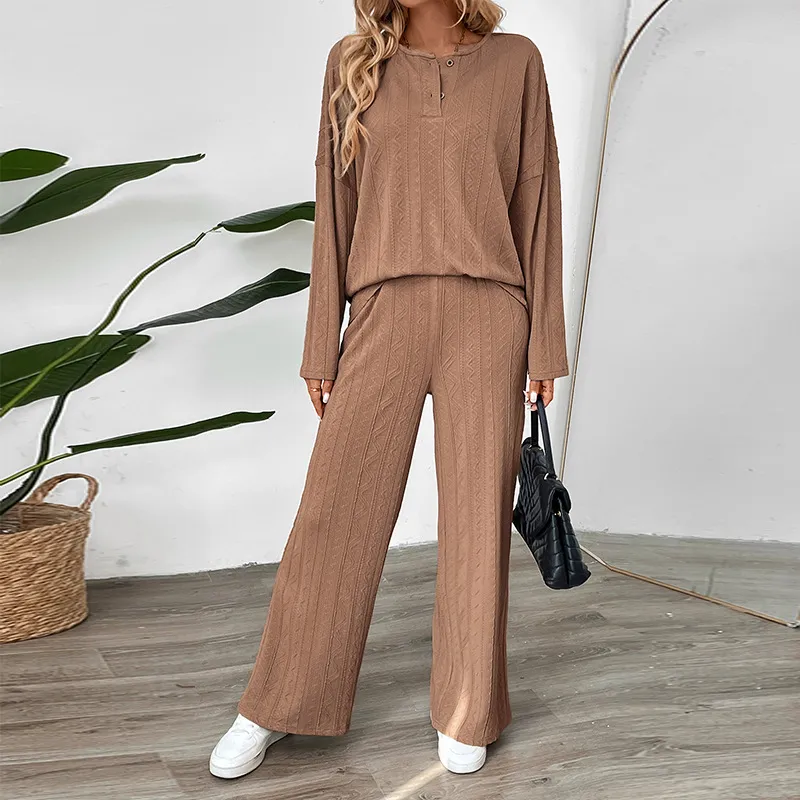 Casual Buckle Texture Fabric Solid Color Wide-leg Pants Suit - Brown