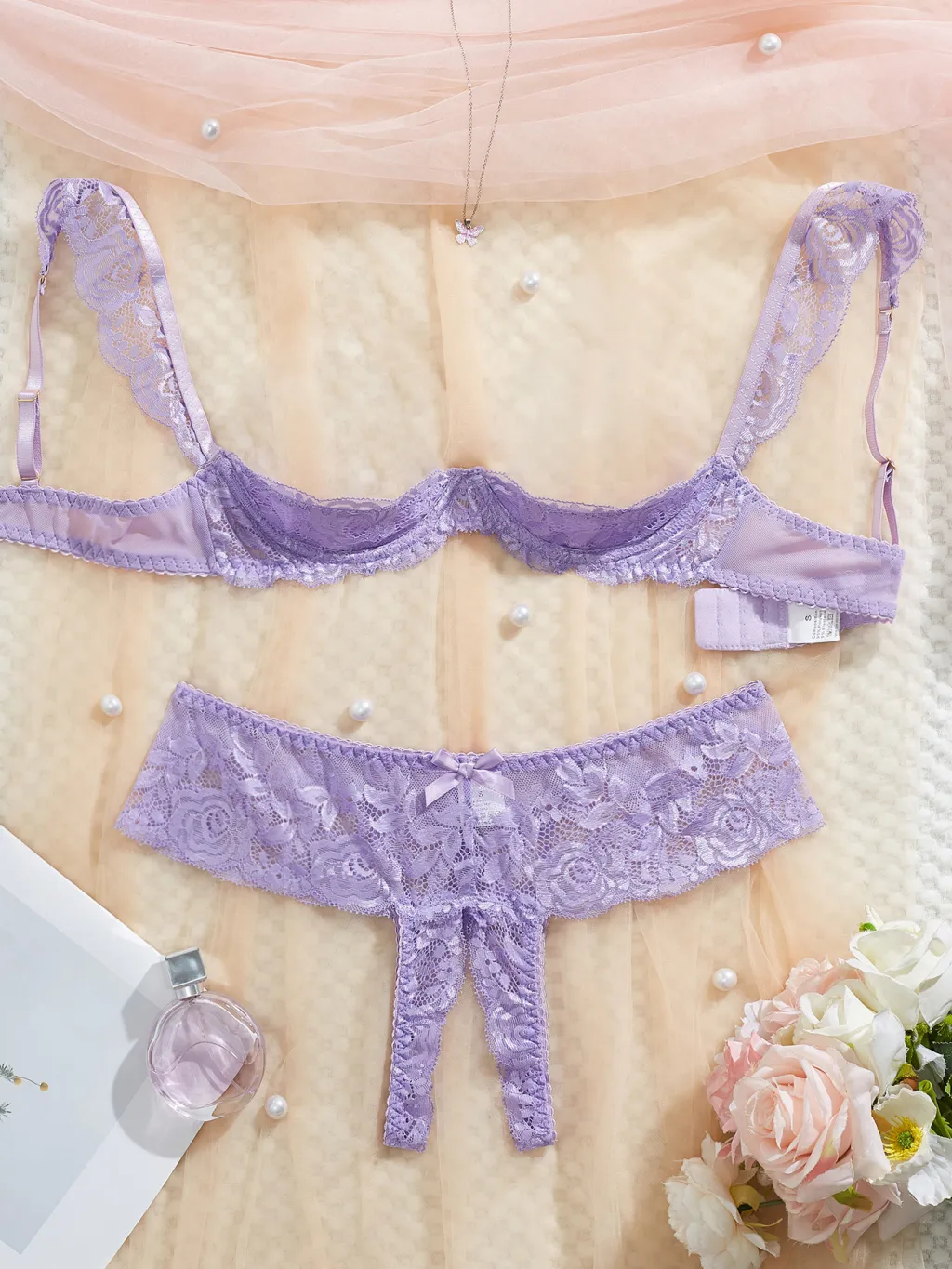 Cute Girl-Style Lace Bra And Underwear Set - Purple