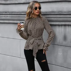 European And American Women's Clothing Cross-border Long Sleeve Printed Shirt - Khaki - View 1