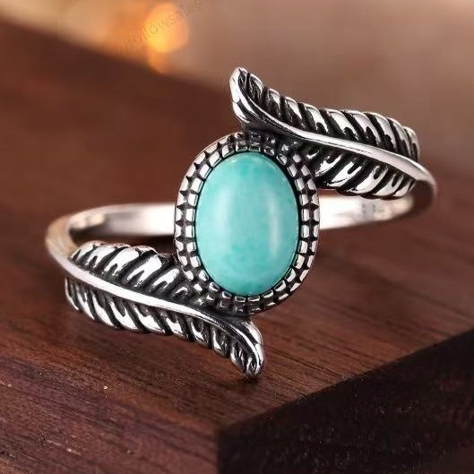Turquoise-Inlaid Feather Color-Blocked Party Engagement Ring Jewelry Piece