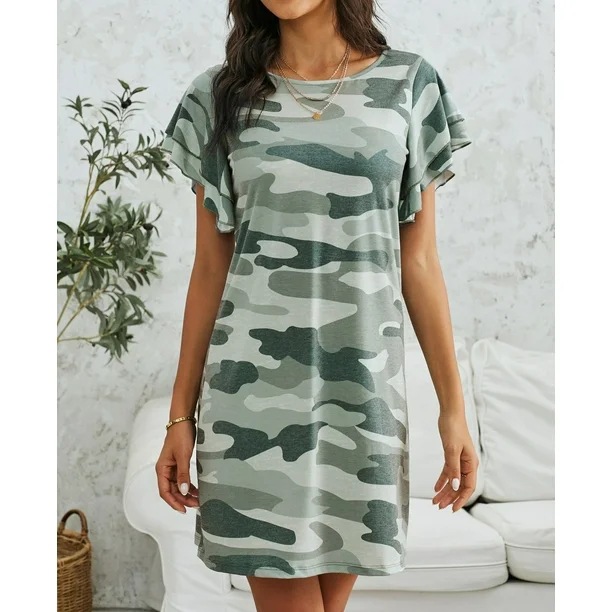 Summer Short Sleeve Round Neck Skirt Army Green - Shop at LoveMi