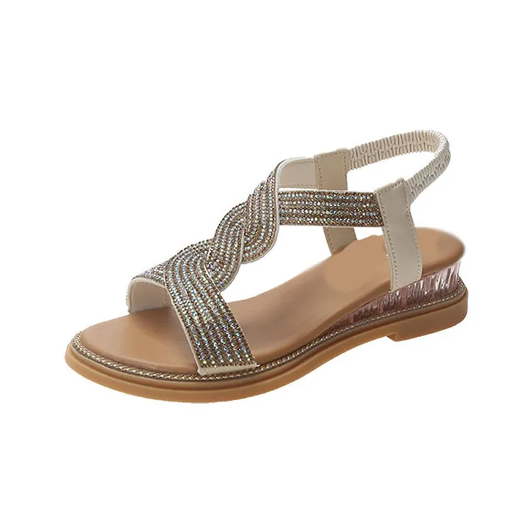 Women's Flat, Wedge-heeled, Slip-on Roman Sandals - Beige