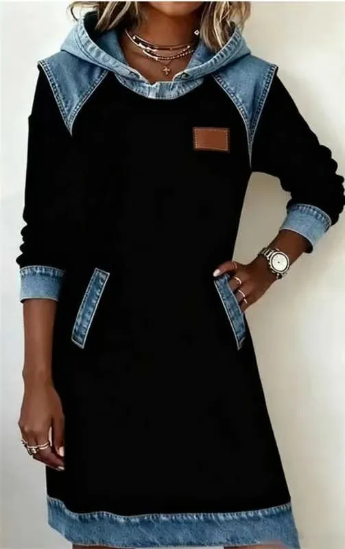 Denim Color Matching Ladies Hoodie Skirt Black - Shop at LoveMi