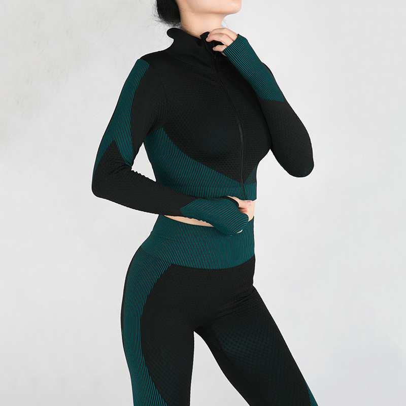 Outdoor Sports Zipper Cardigan Tight Yoga Suit Women Black Green 1 - Shop at LoveMi