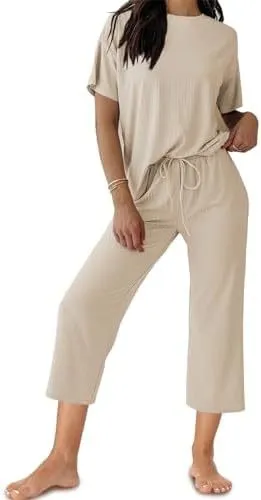 Solid Color T-shirt Casual Cropped Pants Set - Apricot