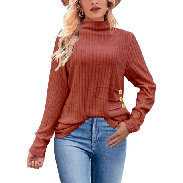 European And American Brushed Sunken Stripe Knitted Turtleneck Side Button Women's Top Brick Red - Shop at LoveMi