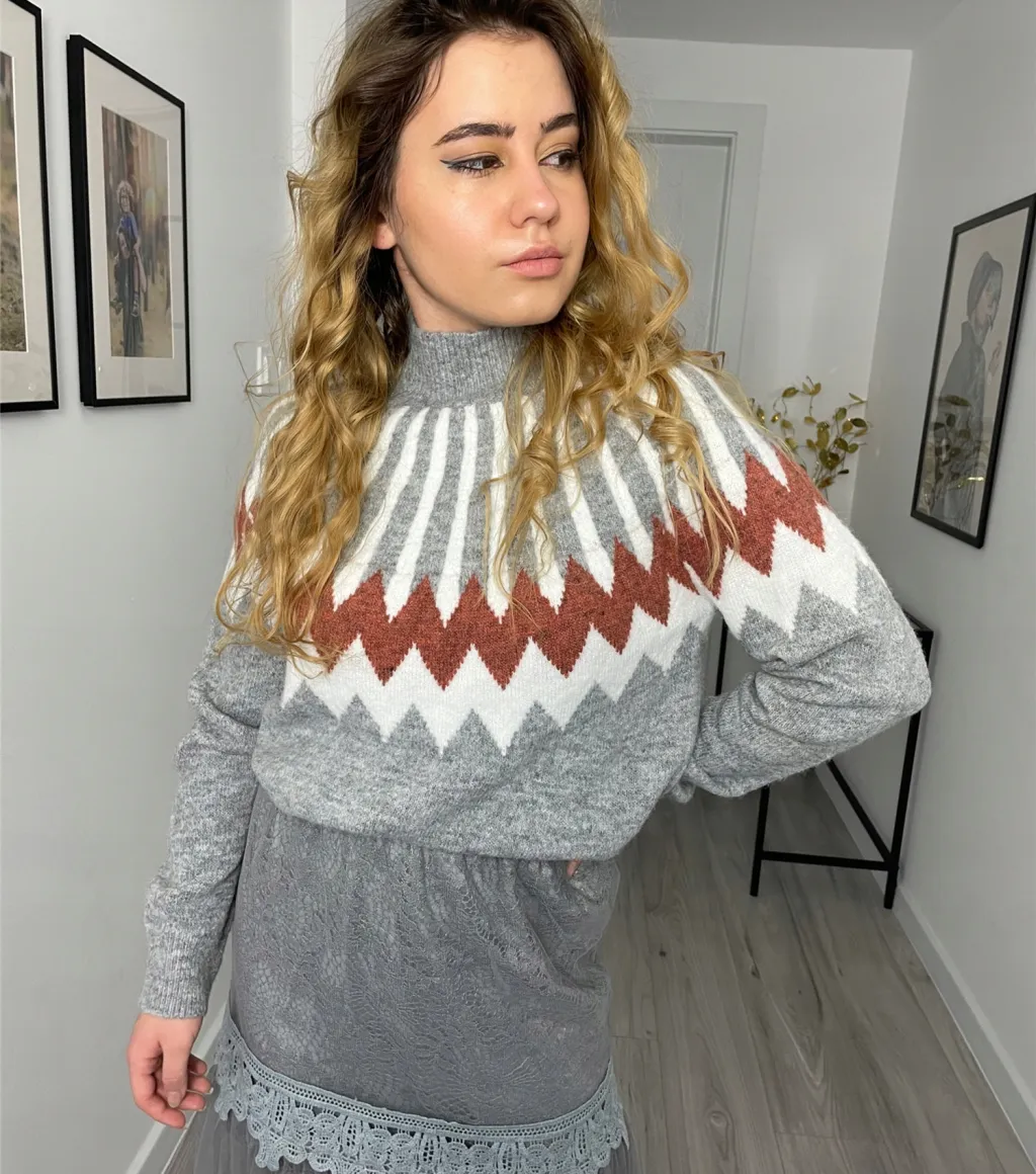 New Ethnic Style Knit Casual Loose Sweater - Gray