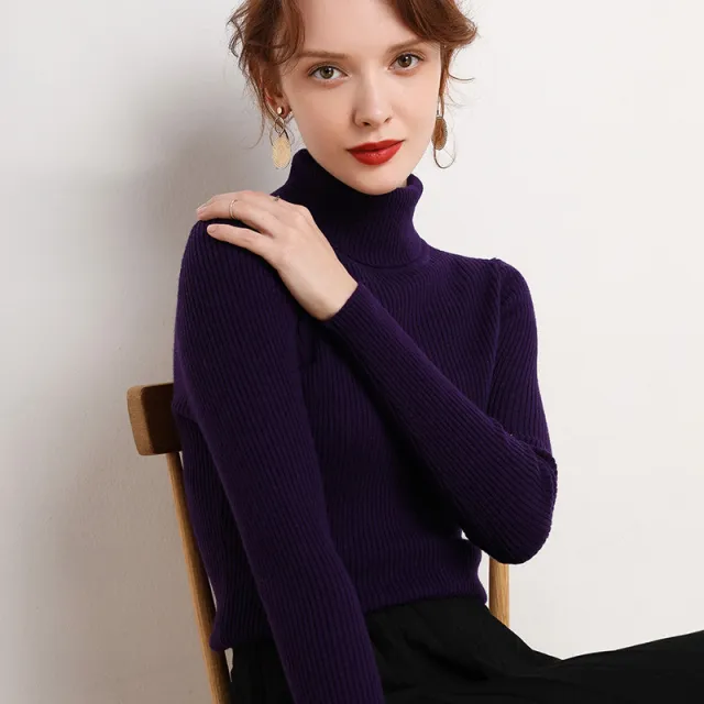 New Sweater Women's Turtleneck Pullover Slim Bottoming Shirt Thickened Violet Xl - Shop at LoveMi