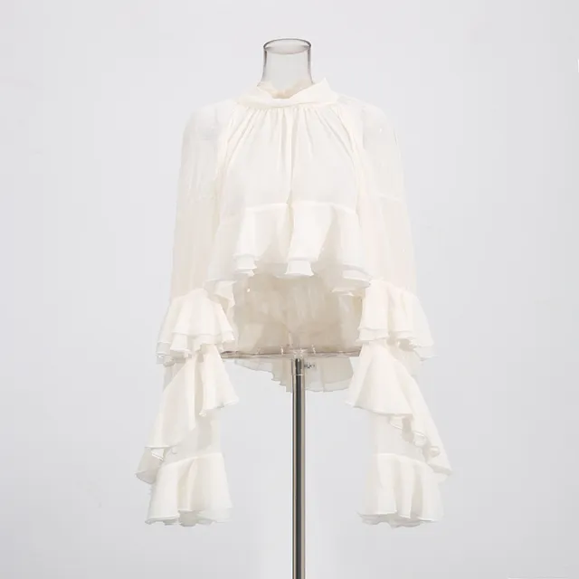 Fashion Casual Long Sleeve Layered Ruffled Short Chiffon Shirt Red - Shop at LoveMi