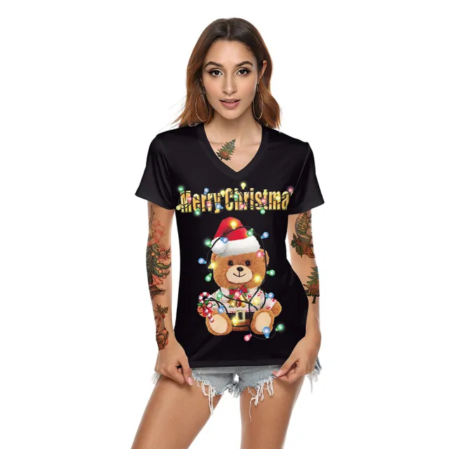 Women's Christmas Digital Printed V neck T shirt Sb136 002 - Shop at LoveMi