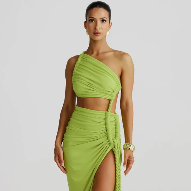 Fashion One Shoulder Tube Top Backless Hollow Tether Ruched Dress Green - Shop at LoveMi