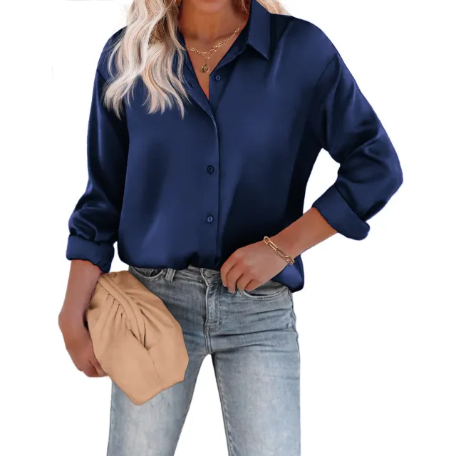 Women's Satin Silk Button Shirt European And American Leisure Loose Long Sleeve Satin Top Blue - Shop at LoveMi