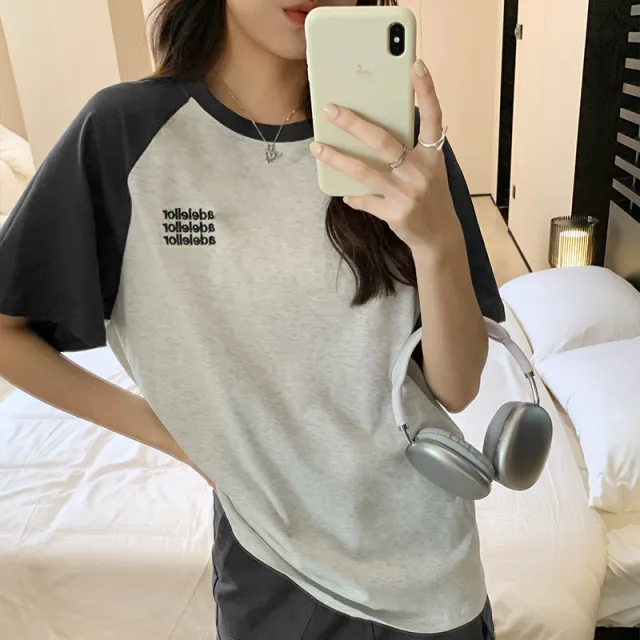 T shirt In Contrast Color Women's Raglan Half Sleeve Design Sense Gray - Shop at LoveMi