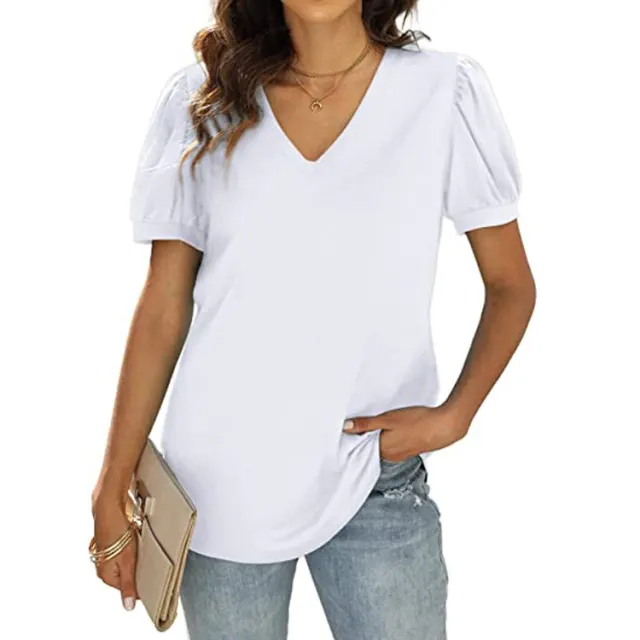 European And American Summer Casual V neck Solid Color Puff Sleeve Loose T shirt For Women White - Shop at LoveMi