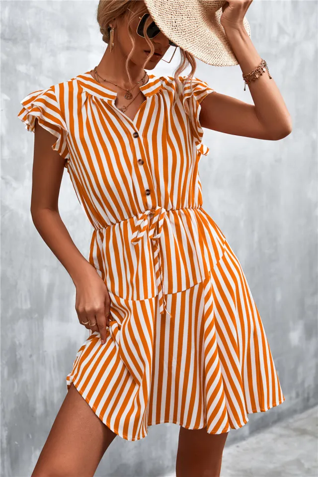 Classic Striped V neck Buttons Lace up Dress Yellow - Shop at LoveMi