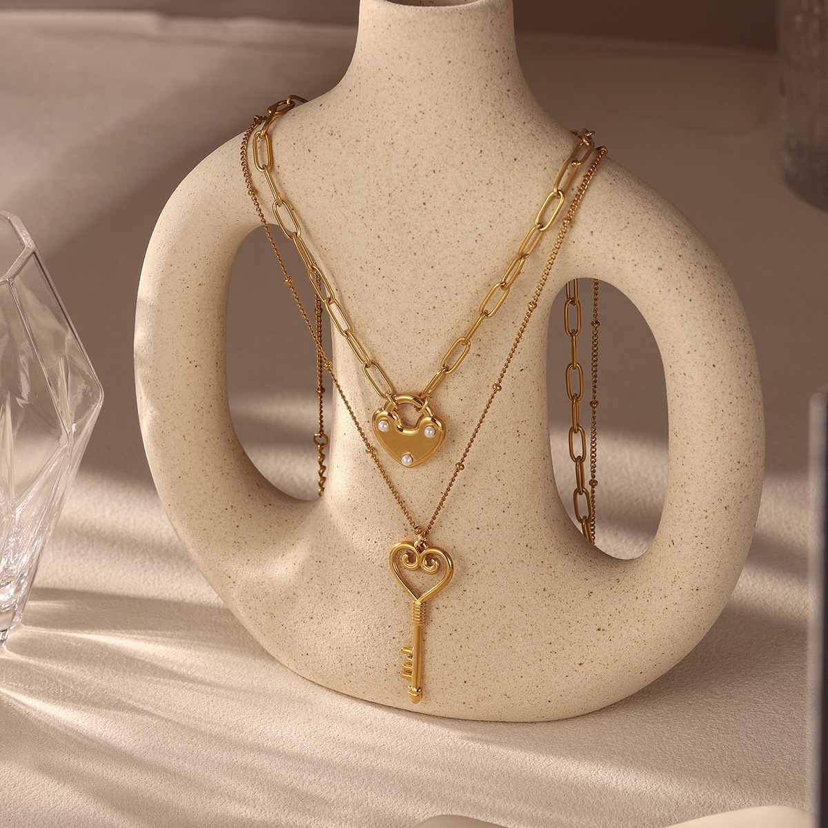 18K Stainless Steel Heart Key Lock Pendant Necklace For Women