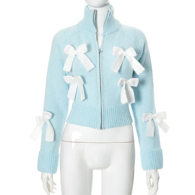 Women's Bow Zipped Stand Collar Long Sleeve Sweater Tan - Shop at LoveMi