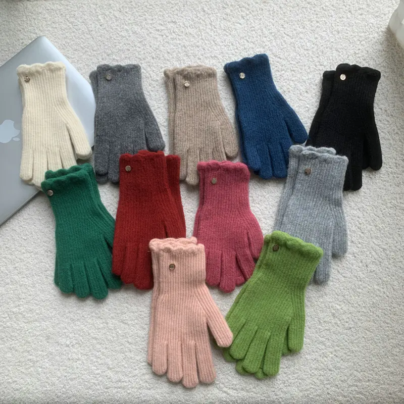 Winter Solid Color Woolen Ruffled Warm Gloves for Women