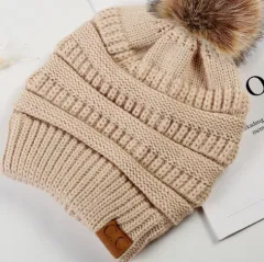 Warm Hat Thickening Not Fleece-lined Knitting Plus Fur Ball - Beige - View 1