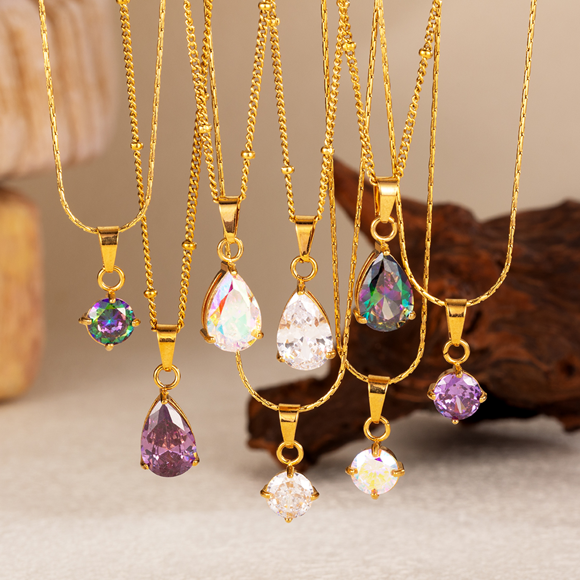 Trendy Colorful Zircon Stainless Steel Waterdrop Necklace