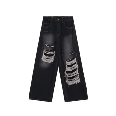 Women's American High Street Niche Design Ripped Jeans - Black - View 1