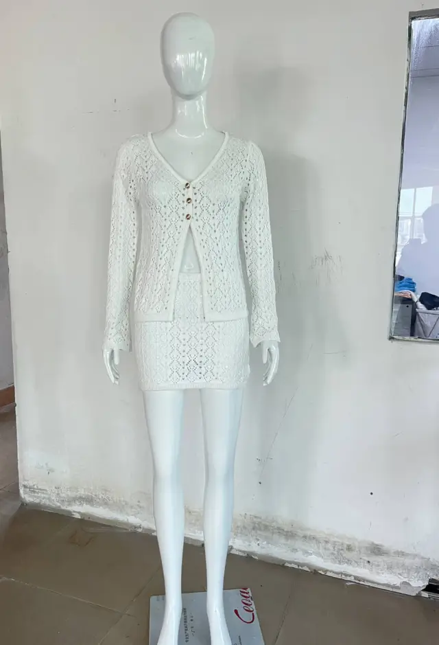 V neck Top Half length Knitting Suit Short Skirt For Women White - Shop at LoveMi
